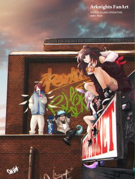 1boy 3girls arknights arms_behind_back billboard black_jacket blue_hair brick_wall brown_hair cellphone cloud commentary_request ethan_(arknights) exusiai_(arknights) graffiti halo head_wings highres holding holding_phone industrial_pipe jacket looking_at_viewer manticore_(arknights) multiple_girls outdoors pants parted_lips peppsi_(saba_sabasuk0) phone red_hair reptile_boy shirt short_hair sitting smartphone streetwear striped_clothes striped_shirt tail traditional_halo white_pants wings wristband zima_(arknights)