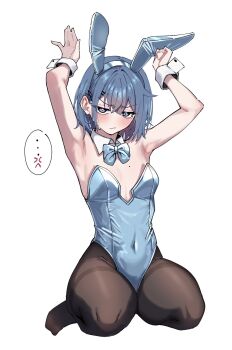 ... 1girl anger_vein animal_ear_hairband animal_ears armpits black_pantyhose blue_bow blue_bowtie blue_hair blue_leotard blush bow bowtie breasts covered_navel detached_collar fake_animal_ears flat_chest full_body grey_eyes hair_ornament hairband hairclip hashtag-only_commentary highres kneeling konno_you_(warabi_mochi_(w4rabimochi)) leotard looking_at_viewer medium_hair mole mole_on_breast no_shoes original pantyhose rabbit_ears rabbit_pose seiza simple_background sitting solo spoken_anger_vein spoken_ellipsis strapless strapless_leotard sweatdrop warabi_mochi_(w4rabimochi) white_background white_wrist_cuffs wrist_cuffs