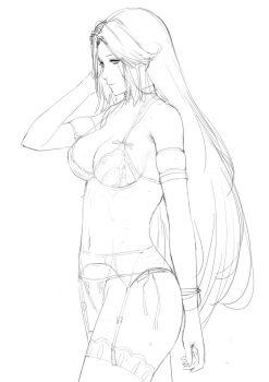 1girl arm_behind_head armlet bare_shoulders bra bracelet breasts choker cleavage closed_mouth female_focus garter_belt garter_straps j@ck jewelry kid_icarus kid_icarus_uprising lace lace-trimmed_legwear lace_bra lace_trim large_breasts lingerie long_hair matching_hair/eyes navel nintendo paid_reward_available palutena panties parted_bangs see-through_clothes side-tie_panties sideboob sketch solo standing strap_gap thighhighs thighs underwear unfinished very_long_hair window