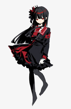 1girl armband black_hair black_pantyhose black_shirt black_skirt chinese_commentary closed_mouth collared_shirt commentary_request crown flower frilled_skirt frills full_body grey_background hair_flower hair_ornament highres long_hair long_sleeves looking_at_viewer mahou_shoujo_no_majo_saiban necktie nikaido_hiro pantyhose pleated_skirt red_armband red_eyes red_flower red_necktie red_sailor_collar sailor_collar senhu_jiang_xiang_bing shirt simple_background skirt solo standing