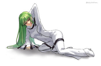 1girl arm_up bodysuit boots brown_eyes c.c. code_geass full_body green_hair long_hair long_sleeves parted_lips setu_kurokawa simple_background solo straight_hair twitter_username very_long_hair white_background white_bodysuit white_boots