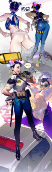 1girl abs absurdres adjusting_clothes adjusting_panties ankle_boots ass back_tattoo belt belt_pouch black_eyes black_footwear black_gloves black_hair blue_pants boots bound bound_wrists bra breasts bulletproof_vest bun_cover canister cao_xiaojv capcom car chinese_commentary chun-li collared_shirt commentary_request crop_top cropped_legs cropped_shirt cuffs double_bun gloves gun hair_bun hand_on_own_hip handcuffs handgun hands_on_own_hips highres large_breasts leaning_forward long_hair midriff motor_vehicle multiple_views navel no_pants open_clothes open_mouth open_pants open_shirt panties pants police police_badge police_car police_uniform policewoman pouch profile revolver shirt short_hair short_sleeves sleeveless speech_bubble standing street_fighter street_fighter_6 sunglasses tattoo teeth thigh_strap toned toned_female tramp_stamp two-sided_gloves two-tone_gloves underboob underwear utility_belt walkie-talkie weapon white_bra white_panties white_shirt yellow_gloves