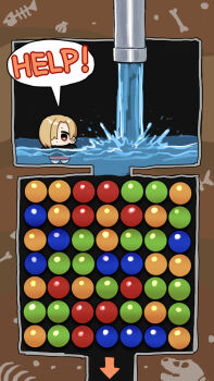 1girl black_hoodie blonde_hair bone brown_eyes chibi chiyoko_(tykchiyo) clam dirt earclip fish_skeleton hair_over_one_eye highres hood hoodie idolmaster idolmaster_cinderella_girls industrial_pipe red_skirt shirasaka_koume short_hair skirt solo speech_bubble water