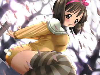 1girl ass bare_tree breasts brown_eyes brown_hair brown_thighhighs dutch_angle female_focus highres impossible_clothes large_breasts long_sleeves looking_at_viewer nikaime oppai_loli petals plant short_hair simple_background solo striped_clothes striped_thighhighs thighhighs togusa_masamu tree zettai_ryouiki