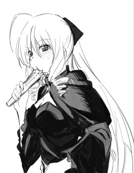 Rule 34 | 1girl, ahoge, blush, breasts, cleavage, dress, drill hair, hand fan, hayate no gotoku!, highres, holding, holding fan, large breasts, long hair, monochrome, ten 8810, tennousu athena, upper body, very long hair