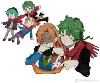 Rule 34 | 1girl, 2boys, aqua eyes, aqua hair, arm around neck, beanie, belt, black jacket, black pants, black shoes, black thighhighs, blazer, blue jacket, blush, blush stickers, bright pupils, brown pants, brown shirt, brown shoes, checkered necktie, chibi, chibi inset, chidouin sara, chinese commentary, choke hold, closed mouth, collared shirt, commentary request, deformed, dot mouth, double-parted bangs, floating, floating hair, formal clothes, furrowed brow, green eyes, green hair, green hat, green necktie, grin, hair down, half-closed eyes, hand on another's arm, hand on own cheek, hand on own face, hat, hiyori sou, holding, holding pen, jacket, jewelry, key, key necklace, kimi ga shine, loafers, long hair, long sleeves, looking at another, looking to the side, loose hair strand, ma fu, midori (kimi ga shine), multicolored eyes, multiple boys, necklace, necktie, open clothes, open jacket, open mouth, orange hair, pants, paper, parted bangs, pen, pink skirt, pointing, ponytail, purple eyes, raised inner eyebrows, rattail, red eyes, red necktie, red scarf, scarf, school uniform, shared clothes, shared scarf, shirt, shoes, short hair, simple background, single blush sticker, single sidelock, skirt, smile, sonobeno high school uniform, strangling, suit, sweat, sweatdrop, thighhighs, two-tone eyes, v-shaped eyebrows, watermark, weibo watermark, white background, white pupils, white shirt, wing collar