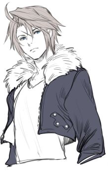 Rule 34 | 1boy, ahoge, blue eyes, commentary request, cropped jacket, final fantasy, final fantasy viii, fur-trimmed jacket, fur trim, jacket, long sleeves, looking to the side, male focus, open clothes, open jacket, scar, scar on face, shirt, short hair, sketch, solo, spot color, squall leonhart, u-min, upper body, v-neck, white background