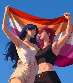 2girls abs absurdres aicodraws arcane:_league_of_legends arcane_caitlyn arcane_vi arm_tattoo arm_up armpits asymmetrical_hair belt black_belt black_tank_top blue_eyes blue_hair blue_sky caitlyn_(league_of_legends) commentary day ear_piercing english_commentary face_piercing flag grey_shorts hand_on_another's_waist highres holding holding_flag league_of_legends lesbian_flag lgbt_pride long_hair midriff multiple_girls navel neck_tattoo nose_piercing outdoors parted_lips piercing red_hair shirt shorts sidecut sky smile tank_top tattoo undercut vi_(league_of_legends) white_shirt yuri