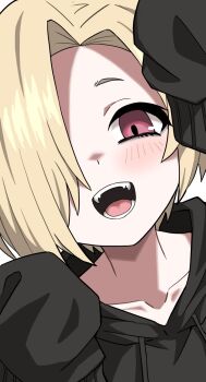 Rule 34 | 1girl, black hoodie, blonde hair, commentary, fangs, hair over one eye, halulu, highres, hood, hoodie, idolmaster, idolmaster cinderella girls, looking at viewer, one eye covered, open mouth, portrait, red eyes, shirasaka koume, short hair, simple background, sleeves past fingers, sleeves past wrists, smile, solo, symbol-only commentary, teeth, tongue, white background
