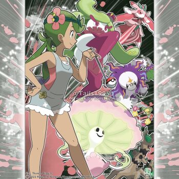 1girl artist_name closed_mouth comfey commentary company_name copyright_notice dark-skinned_female dark_skin english_commentary eyelashes flower from_side gen_6_pokemon gen_7_pokemon green_eyes green_hair green_headband grey_overalls hair_flower hair_ornament hand_fan hand_on_own_hip headband holding holding_fan holding_ladle instagram_username ladle long_hair lurantis mallow_(pokemon) merchandise_available nintendo nostrils official_style one-eyed open_mouth oranguru outline overalls pink_eyes pink_flower pink_shirt poke_ball poke_ball_(basic) pokemon pokemon_(creature) pokemon_sm red_flower shiinotic shirt smile tom_higgins trevenant tsareena twintails watermark white_flower white_outline yellow_flower