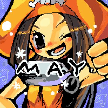 1girl ;d bad_id blue_background brown_eyes brown_hair character_name clenched_hand commentary_request dolphin guilty_gear hat long_hair lower_teeth_only lowres may_(guilty_gear) one_eye_closed open_mouth orange_hat pirate_hat purimu_(gamers_channel_99) skull_and_crossbones smile solo teeth