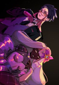 1boy 1girl adjusting_clothes adjusting_necktie alternate_costume ascot bare_shoulders black-framed_eyewear black_hair black_jacket black_necktie choker corbeau_(pokemon) dark-skinned_female dark_skin detached_sleeves dress fascinator fingernails fishnet_sleeves fishnets formal_clothes frilled_ascot frills gem glasses gloves highres jacinthe_(pokemon) jacket long_fingernails long_hair looking_at_viewer low_drills mei_(manjunii) nail_polish necktie nintendo off_shoulder parted_hair parted_lips pokemon pokemon_legends:_z-a purple_choker purple_dress purple_eyes purple_gloves purple_hair purple_jacket purple_nails purple_vest round_eyewear see-through_cleavage see-through_clothes serious short_dress short_hair sleeveless sleeveless_dress smile suit suit_jacket undercut very_dark_skin vest waistcoat yellow_eyes