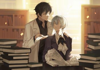 1boy 1girl angela_(project_moon) ascot ayin_(project_moon) black_hair black_shirt book book_stack bookshelf brooch coat collared_shirt commentary_request double-parted_bangs frilled_sleeves frills gloves hair_between_eyes hand_on_another's_shoulder highres holding holding_quill indoors jacket jewelry lab_coat library library_of_ruina light_particles long_sleeves looking_at_another open_book open_clothes open_coat parted_lips project_moon purple_coat quill reading shirt short_hair sidelighting sitting table white_ascot white_coat white_gloves white_shirt yellow_eyes yezihaidao83332