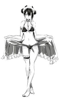 Rule 34 | 1girl, agent (girls' frontline), alternate costume, armband, bikini, bikini day, black bikini, black hair, breasts, chika (keiin), choker, cleavage, clothes lift, commentary request, curtsey, deadpan, double bun, earrings, eyelashes, frilled armband, frilled choker, frilled skirt, frilled thigh strap, frills, full body, girls' frontline, hair between eyes, hair bun, highres, horns, jewelry, legs, looking at viewer, maid, maid bikini, maid headdress, monochrome, navel, parted lips, partial commentary, pose imitation, sangvis ferri, sidelocks, simple background, single earring, single sidelock, sketch, skirt, skirt lift, solo, swimsuit, thigh strap, unconventional maid, underboob, white background