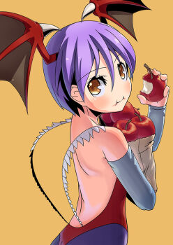 1girl :i apples bat_wings capcom darkstalkers eating female_focus food head_wings lilith_(darkstalkers) pantyhose purple_hair short_hair solo wings