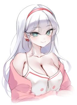 1girl absurdres blue_eyes bow bow_earrings breasts character_request cleavage closed_mouth collarbone copyright_request cropped_torso double-parted_bangs earrings hair_between_eyes hairband highres jacket jacket_partially_removed jewelry large_breasts long_hair looking_at_viewer mole mole_under_eye na1tsu2me3 pink_jacket red_hairband simple_background smile solo symbol-shaped_pupils tank_top white_background white_hair white_tank_top