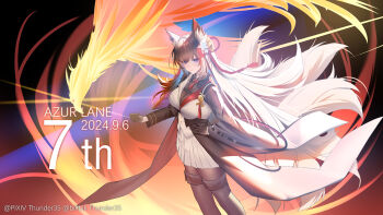 1girl absurdres amagi_(azur_lane) amagi_(cv)_(azur_lane) animal_ear_fluff animal_ears anniversary artist_name azur_lane bird black_background black_gloves black_pantyhose breasts brown_hair cleavage commentary_request dated fox_ears fox_girl fox_tail gloves hair_ornament hand_on_own_hip highres kitsune kyuubi large_breasts long_hair looking_at_viewer multiple_tails open_mouth pantyhose phoenix pleated_skirt purple_eyes rope see-through_clothes see-through_cleavage see-through_clothes shimenawa skirt smile solo tail thunder-35 vest white_skirt white_vest wide_sleeves