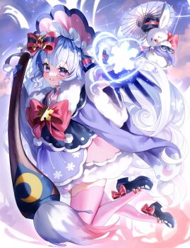 >_o 1girl absurdres aqua_hair blue_bonnet blue_eyes blue_gloves blue_shoes bonnet bow commentary_request cool_colored curly_hair dress footwear_bow full_body fur-trimmed_sleeves fur_trim giant_brush gloves gradient_legwear hair_between_eyes hair_bow hair_ornament half_gloves hatsune_miku highres holding holding_brush holding_paintbrush holding_umbrella japanese_clothes kimono layered_dress long_hair long_sleeves looking_at_viewer multicolored_hair official_alternate_costume official_alternate_hairstyle one_eye_closed open_mouth outdoors paintbrush pink_bow pink_hair pink_thighhighs pom_pom_(clothes) pom_pom_hair_ornament rabbit rabbit_yukine sandals shoes short_dress short_kimono smile snowflake_print snowflakes ste_sou25 streaked_hair thighhighs twintails two-tone_hair umbrella very_long_hair vocaloid white_rabbit_(animal) wide_sleeves yuki_miku yuki_miku_(2023) zettai_ryouiki