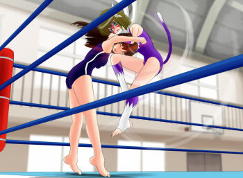 Rule 34 | #13, 2girls, alternate costume, animal ears, arena, ayano (#13), barefoot, blue eyes, blush, brown hair, cat ears, feet, knee kick, multiple girls, sumire (#13), tears, tiptoes, toeless legwear, toes, wrestling, wrestling ring
