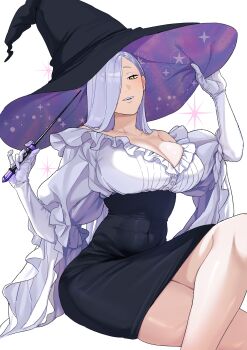 1girl absurdres ass bare_shoulders black_hat black_skirt blue_lips breasts cleavage commentary_request covered_navel crossed_legs dress elbow_gloves eyeliner fate/grand_order fate_(series) fingerless_gloves frilled_shirt frills gloves hair_over_one_eye hat high-waist_skirt highres hiyayaako huge_ass juliet_sleeves large_breasts large_hat long_hair long_sleeves looking_at_viewer makeup mrs._snake_(fate) navel off_shoulder pencil_skirt puffy_sleeves shirt sitting skirt smile solo tall_female thick_thighs thighs tight_clothes wand white_background white_dress white_gloves white_hair white_shirt wide_hips wide_sleeves witch_hat wizard wizard_hat yellow_eyes