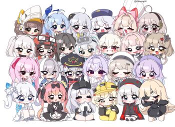 admi_(nikke) ahoge anchor_(innocent_maid)_(nikke) anchor_(nikke) animal_ears apron avistar_(nikke) bandaid bandaid_on_face belorta_(nikke) biscuit_(nikke) black_bow black_bowtie black_gloves black_hair black_skirt blonde_hair blue_eyes blue_hair blush_stickers bodysuit bonyong bow bowtie braid brown_hair cat_ears chef_hat chibi chime_(nikke) cloak closed_eyes cocoa_(nikke) commentary_request crust_(nikke) double_bun eating epinel_(nikke) eyepatch facial_mark fake_animal_ears fang food food-themed_hair_ornament food_on_face glasses gloves goddess_of_victory:_nikke green_eyes grey_hair guillotine_(nikke) hair_between_eyes hair_bow hair_bun hair_horns hair_intakes hair_ornament hair_ribbon hairband hard_hat hat headset helmet highres holding holding_food horns jackal_(nikke) kamaboko korean_commentary large_bow liberalio_(nikke) liter_(nikke) long_hair looking_at_viewer maid maid_apron maid_headdress mechanical_horns mica_(nikke) mori_(nikke) multicolored_hair multiple_girls n102_(miracle_fairy)_(nikke) n102_(nikke) narutomaki narutomaki_hair_ornament noah_(nikke) one_side_up onigiri peaked_cap pink_bow pink_hair poli_(nikke) ponytail puffy_sleeves purple_hat red_eyes rei_(nikke) ribbon short_hair short_twintails sidelocks signal_(nikke) sitting skirt sleeves_past_fingers sleeves_past_wrists smile snow_white_(innocent_days)_(nikke) snow_white_(nikke) soline_(frost_ticket)_(nikke) soline_(nikke) star_(symbol) star_facial_mark streaked_hair too_many_bows traditional_media trony_(nikke) twintails twitter_username two-tone_hair v vesti_(nikke) visor_lift white_background white_hair white_hat yellow_bodysuit yellow_eyes yuni_(nikke)