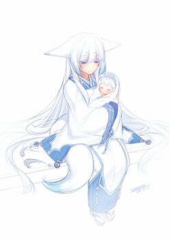 Rule 34 | 1girl, animal ears, baby, blue eyes, dated, ears down, female focus, fox ears, fox tail, from above, geta, gradient hair, high heels, japanese clothes, kimono, konshin, long hair, long sleeves, multicolored hair, orie mishiro, original, platform footwear, sandals, short eyebrows, signature, sitting, solo, tail, very long hair, white hair, white legwear, wide sleeves