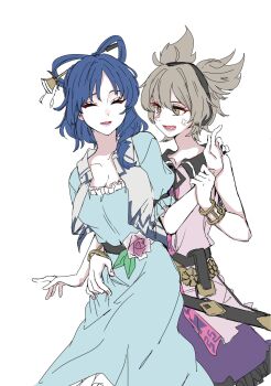 2girls anger_vein behind_another belt black_belt black_nails blue_dress blue_hair bracelet breasts brown_hair cleavage closed_eyes collared_shirt cowboy_shot dress earmuffs facing_viewer flower_ornament hair_ornament hair_rings hair_stick highres holding_another's_arm holding_another's_waist jewelry kaku_seiga looking_at_another majime_na_gakuinsei medium_hair multiple_girls open_mouth pink_shirt pointy_hair purple_lips purple_skirt scabbard shawl sheath shirt short_hair simple_background skirt sleeveless sleeveless_shirt touhou toyosatomimi_no_miko white_background yellow_eyes