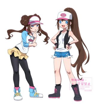 2girls :d :o black_boots black_pantyhose black_socks black_vest blue_eyes blue_shoes blue_shorts boots brown_hair commentary_request exposed_pocket hand_on_own_chin hat hilda_(pokemon) long_hair multiple_girls nintendo open_clothes open_mouth open_vest pantyhose pink_socks pokemon pokemon_black_2_and_white_2 pokemon_black_and_white ponytail raglan_sleeves rosa_(pokemon) shirt shoes shorts sidelocks sideocks sleeveless sleeveless_shirt smile socks standing stroking_own_chin three-quarter_sleeves toi_(nisanrei121) twintails twitter_username vest visor_cap watermark white_background white_hat white_shirt yellow_shorts