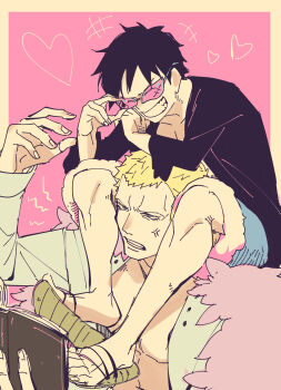 2boys adjusting_eyewear ahi_tb anger_vein arm_up black_hair black_shirt blonde_hair blue_shorts book carrying coat donquixote_doflamingo frown grin heart highres holding holding_book male_focus monkey_d._luffy multiple_boys one_piece open_clothes open_shirt person_on_shoulder pink_background pink_coat sandals scar scar_on_face shirt short_hair shorts smile sunglasses teeth trying_on_clothes white_shirt