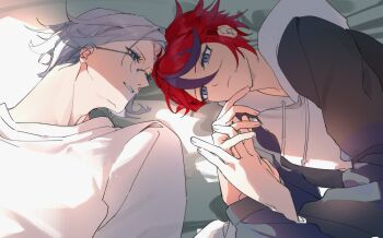 2boys anfuu_daisuki aotsuki_eito bed_sheet black_jacket blue_eyes blue_hair closed_mouth crossed_bangs drawstring from_above glasses grey_hair hair_between_eyes highres holding_hands hood hood_down hoodie interlocked_fingers jacket long_sleeves looking_at_another looking_at_viewer lying male_focus multicolored_hair multiple_boys on_back on_bed on_side parted_lips purple_eyes red_hair round_eyewear shirt short_hair smile streaked_hair sumino_takumi the_hundred_line_-last_defense_academy- two-tone_hair upper_body white_hoodie white_shirt yaoi