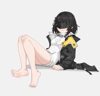 Rule 34 | 1girl, arknights, arknights: endfield, barefoot, black hair, endministrator (arknights), eye mask, feet, female endministrator (arknights), highres, langui moxia, mask, medium hair, smile, soles, toes
