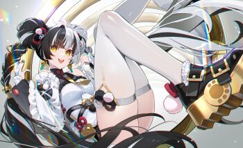 1girl bare_shoulders black_hair black_shoes china_dress chinese_clothes commentary detached_sleeves dialyn_(zenless_zone_zero) double_bun dress earrings english_commentary hair_bun highres jewelry long_hair long_sleeves looking_at_viewer multicolored_hair open_mouth second-party_source shoes siino smile solo split-color_hair thighhighs thighs two-tone_hair very_long_hair white_dress white_hair white_thighhighs wide_sleeves zenless_zone_zero