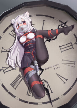 1girl absurdres analog_clock animal ball_gag bdsm black_pantyhose bondage bound breasts clock corset crotch_rope dress female_focus gag gagged highres hitachi_magic_wand long_hair mask medium_breasts mouth_mask original pantyhose pleated_skirt red_eyes restrained sex_toy shibari shibari_over_clothes skirt solo surgical_mask vibrator white_hair xiongmao