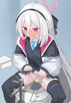 1girl bathroom black_jacket black_ribbon black_skirt black_thighhighs blue_archive blue_necktie blush clothes_lift clothing_aside flat_chest hair_ribbon hairband halo heavy_breathing ikasumi_pasta jacket kei_(blue_archive) loli long_hair long_sleeves looking_down necktie open_clothes open_jacket open_mouth panties panties_aside pee_stain peeing pink_eyes pussy relief ribbon school_uniform shirt sitting skirt skirt_lift sound_effects spread_legs stained_panties sweat thighhighs toilet toilet_paper toilet_use underwear wet wet_clothes wet_panties white_hair white_jacket white_panties white_shirt