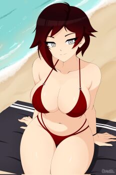 1girl alternate_breast_size_(larger) artist_name beach bikini black_hair breasts cleavage collarbone curvy ear_piercing erickrk gradient_hair grey_eyes highres huge_breasts multicolored_hair piercing red_bikini red_hair ruby_rose rwby short_hair sitting solo stomach_navel swimsuit thick_thighs thigh_gap thighs towel water wide_hips