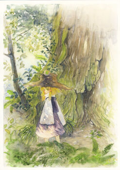 Rule 34 | 1girl, absurdres, blonde hair, brown hat, commentary, fern, grass, hat, highres, moriya suwako, painting (medium), purple skirt, sidelocks, skirt, sleeves past fingers, sleeves past wrists, solo, standing, syukou, touhou, traditional media, tree, watercolor (medium), wide sleeves