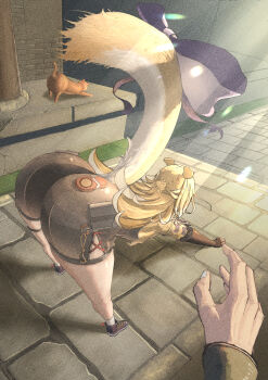 1boy 1girl absurdres all_fours animal_ears artist_request ass bent_over blonde_hair from_behind highres huge_ass ju_fufu leaning leaning_forward long_hair pov pov_hands short_shorts shorts solo_focus stretching tail tiger_ears tiger_girl tiger_tail very_long_hair wise_(soaring_crane)_(zenless_zone_zero) wise_(zenless_zone_zero) zenless_zone_zero