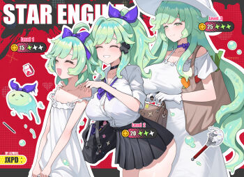 3girls :d ^_^ absurdres aer7o ahoge ass astral_party bag black_skirt bow breasts closed_eyes closed_mouth collared_shirt commentary_request diagonal-striped_bow dress dress_shirt green_eyes green_hair hair_bow hair_ribbon half-closed_eyes hands_on_another's_shoulders hat highres holding holding_bag large_breasts long_hair lulu_(astral_party) monster_girl multiple_girls open_mouth outline pleated_skirt ponytail purple_bow purple_ribbon ribbon school_bag school_uniform shirt short_eyebrows single_hair_intake skirt slime_(creature) slime_girl smile spring_onion strap_slip striped_bow thick_eyebrows thighs very_long_hair whisk white_dress white_hat white_outline white_shirt