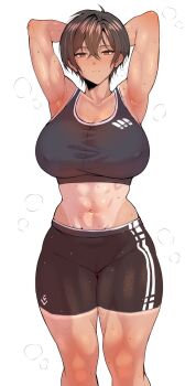 1girl abs armpits arms_behind_head arms_up bare_shoulders black_hair black_shorts black_sports_bra breasts closed_mouth commentary_request covered_erect_nipples cowboy_shot expressionless hair_between_eyes highres huge_breasts looking_at_viewer midriff navel original red_eyes short_hair short_shorts shorts simple_background solo sports_bra stomach straight-on sweat tan tanline toned toned_female tsurime very_sweaty wakura_(gcdan) white_background
