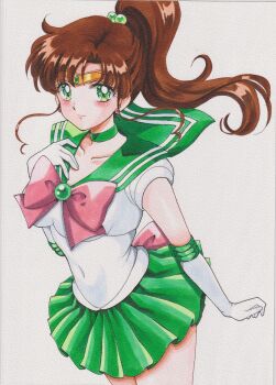 1girl absurdres back_bow bishoujo_senshi_sailor_moon blush bow bowtie breasts brown_hair chikoto_(kztc4472) choker circlet closed_mouth collarbone commentary cowboy_shot elbow_gloves gloves green_choker green_eyes green_sailor_collar green_skirt hair_bobbles hair_ornament hand_on_own_hip hand_up highres kino_makoto long_hair looking_at_viewer magical_girl medium_breasts miniskirt parted_bangs pink_bow pink_bowtie pleated_skirt sailor_collar sailor_jupiter sailor_senshi_uniform shirt short_sleeves skirt smile solo traditional_media white_gloves white_shirt