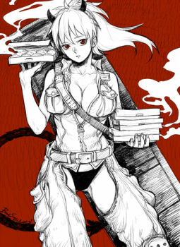 1girl banysun breasts chaps cleavage demon_horns demon_tail devil dorohedoro female_focus food higher_resolution_available horns jumpsuit locker long_hair looking_at_viewer lowres nikaidou_(dorohedoro) no_bra ponytail red_eyes shoulder_strap sleeveless solo tail