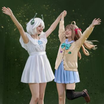 2girls absurdres ahoge antennae aqua_bow aqua_bowtie black_thighhighs blue_sailor_collar blue_skirt bow bowtie brown_hair brown_shoes cardigan closed_eyes cowboy_shot dress ellie_minibot hair_between_eyes hair_ribbon hand_grab hashtag-only_commentary highres indie_virtual_youtuber leg_up loafers long_hair long_sleeves miniskirt multiple_girls neuro-sama open_mouth pleated_skirt realistic red_ribbon ribbon sailor_collar shoes short_dress signature skirt standing sulwyn_vt thighhighs two_side_up vedal_ai virtual_youtuber white_dress white_hair yellow_cardigan