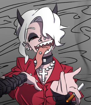 1girl cigarette helltaker highres hillnihil piercing sharp_teeth smile tagme teeth tongue tongue_out tongue_piercing zdrada_(helltaker)