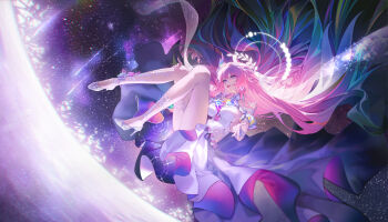 1girl absurdres aqua_hair bird breasts commentary cyrene_(demiurge)_(honkai:_star_rail) cyrene_(honkai:_star_rail) dove halo high_heels highres honkai:_star_rail honkai_(series) large_breasts long_hair multicolored_hair pink_hair pointy_ears purple_eyes sky solo soy_chicken space star_(sky) starry_sky thighs two-tone_hair very_long_hair