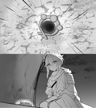 1boy closed_mouth commentary_request genshin_impact greyscale highres hiruru japanese_clothes kaedehara_kazuha monochrome motion_lines multicolored_hair shawl sitting solo streaked_hair vision_(genshin_impact)