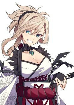 1girl armor asymmetrical_hair bare_shoulders breasts cleavage ebi_fly_55 fate/grand_order fate/samurai_remnant fate_(series) floral_print floral_print_kimono green_eyes grey_hair grin highres japanese_armor japanese_clothes jewelry katana kimono large_breasts magatama magatama_necklace miyamoto_musashi_(fate) miyamoto_musashi_(woman_of_niten_ichiryuu)_(fate) necklace obi print_kimono sash sheath sheathed shoulder_armor simple_background single_sidelock smile sode solo swept_bangs sword weapon white_background white_kimono wide_ponytail