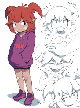 ! 1girl 1other anger_vein bandaid bandaid_on_cheek bandaid_on_face bandaid_on_knee bandaid_on_leg beebz_(demon_turf) blue_eyes child closed_eyes cropped_torso demon_turf disembodied_hand disembodied_hand finger_in_own_mouth freckles full_body hair_between_eyes hands_in_pockets headpat highres hood hood_down hoodie long_sleeves medium_hair parted_lips partially_colored pointy_ears purple_footwear purple_hoodie red_hair shino_(shinokani) shoes short_twintails shorts simple_background sneakers solo_focus standing teasing teeth twintails v-shaped_eyebrows white_background