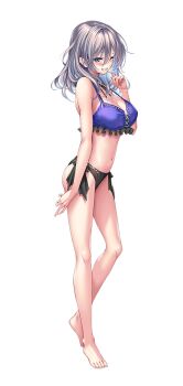 1girl amakano_2 arm_at_side bare_arms bare_legs bare_shoulders barefoot bikini blue_eyes blush breasts cleavage full_body grey_hair grin hair_between_eyes hair_down hand_up jigokudani_sara large_breasts large_variant_set legs looking_at_viewer medium_hair mismatched_bikini mole mole_under_eye navel non-web_source official_art one_eye_closed piromizu purple_bikini simple_background smile solo standing stomach swimsuit tachi-e teeth variant_set white_background