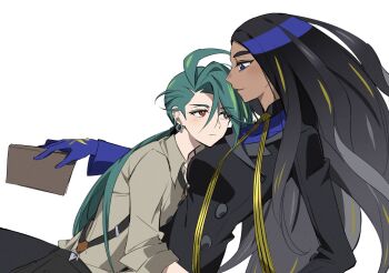 2girls black_hair black_jacket blue_eyes blue_gloves bright_pupils buttons double-breasted earrings expressionless geeta_(pokemon) gloves go_mi_111 green_hair grey_shirt head_on_chest highres jacket jewelry long_hair multiple_girls nintendo pokemon pokemon_sv profile red_eyes rika_(pokemon) shirt simple_background suspenders swept_bangs triangle_earrings white_background white_pupils yuri