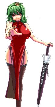 Rule 34 | >:), 1girl, alternate costume, bare shoulders, black thighhighs, breasts, china dress, chinese clothes, closed umbrella, curvy, dress, enoko (zqfebi), female focus, flower, foreshortening, garter straps, green hair, hair flower, hair ornament, head tilt, highleg, hip focus, impossible clothes, impossible dress, jewelry, kazami yuuka, large breasts, orange eyes, planted, planted umbrella, pointing, pointing at viewer, red eyes, ring, shiny skin, shirt, short hair, side slit, simple background, solo, taut clothes, taut shirt, thighhighs, touhou, umbrella, v-shaped eyebrows, white background, wide hips